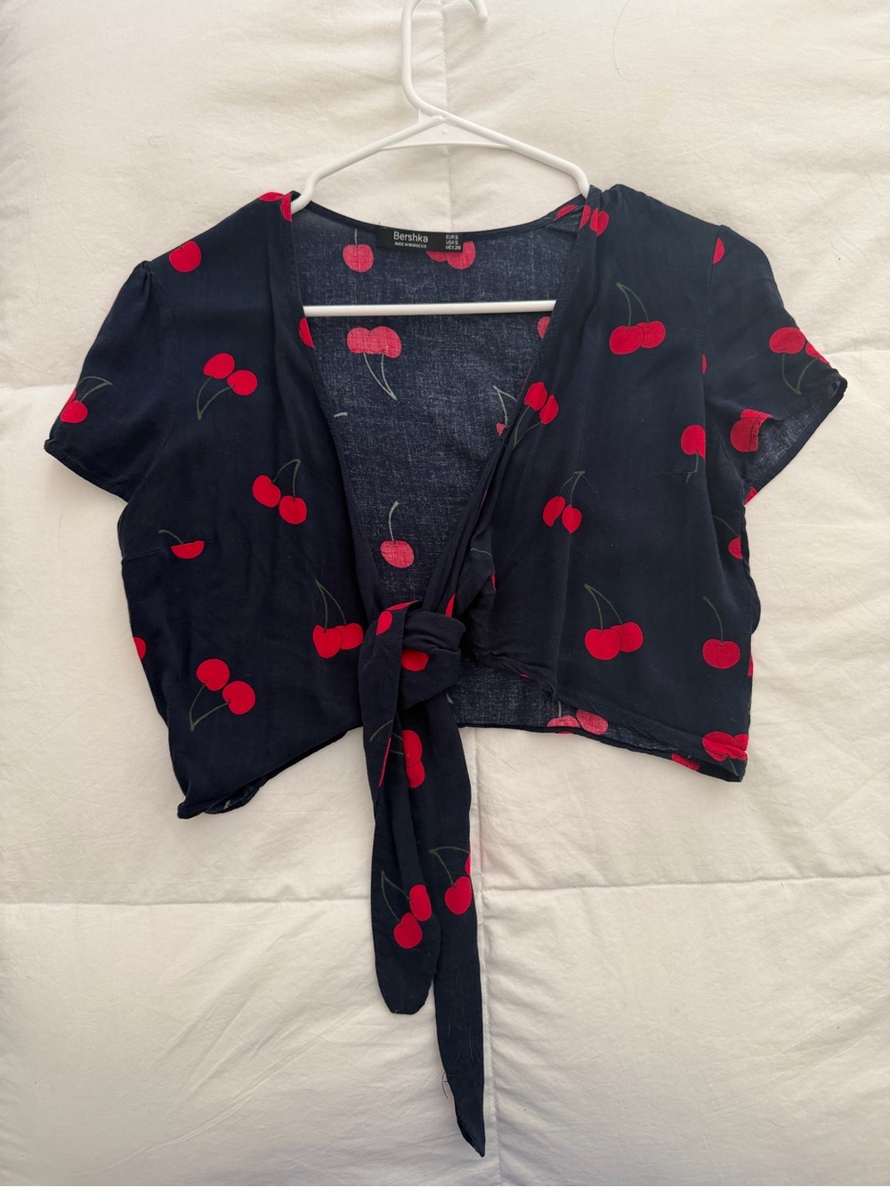 Bershka Black Tie-Front Cherry Print Crop Top